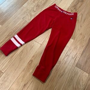 Tommy Hilfiger Girls Leggings Size XL 16 Red Spell Out- Heart, White Stripe Leg